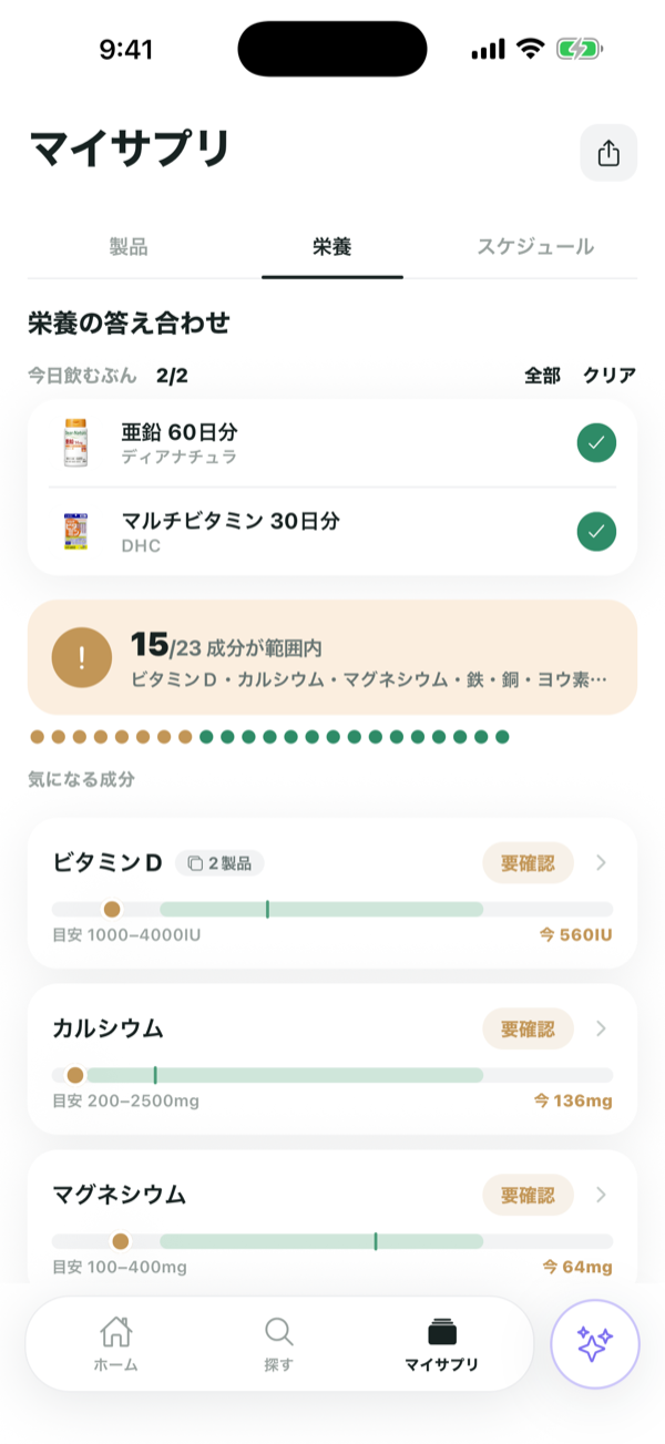 マイサプリ画面。成分ごとに全製品の合計が並び、目安量に対する過不足が表示されている