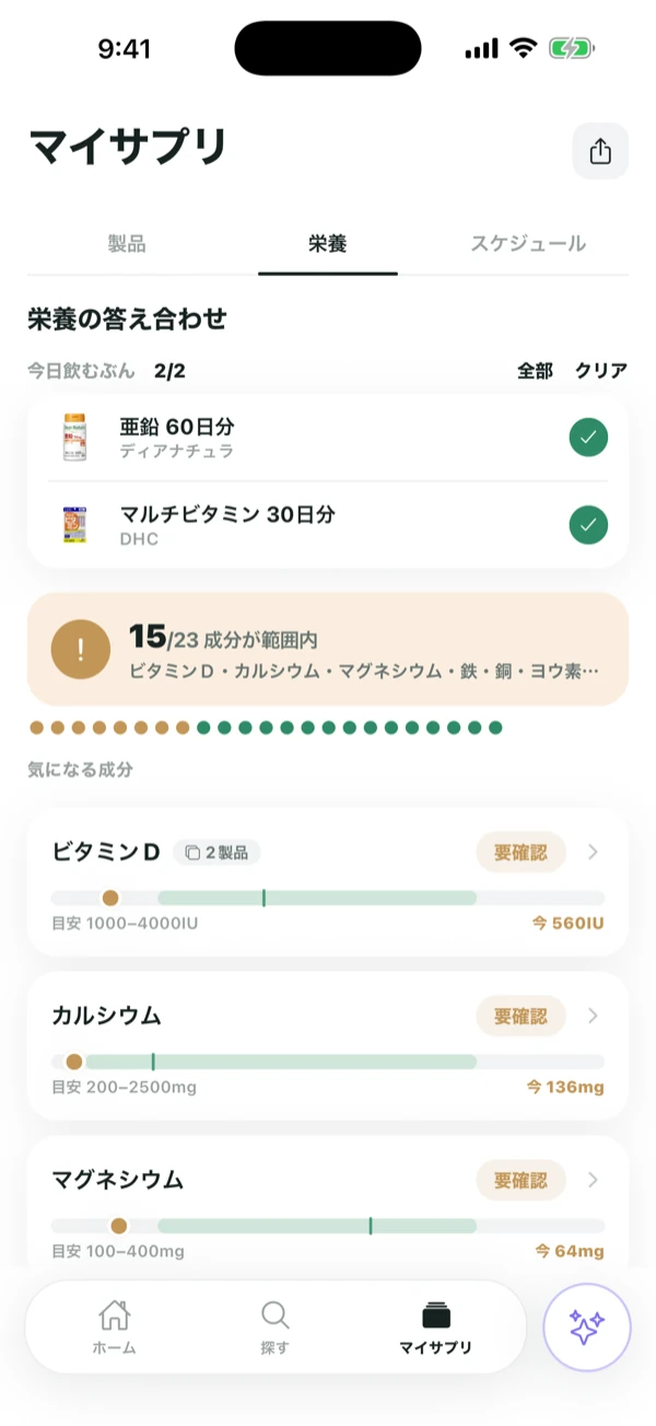マイサプリ画面。成分ごとに全製品の合計が並び、目安量に対する過不足が表示されている